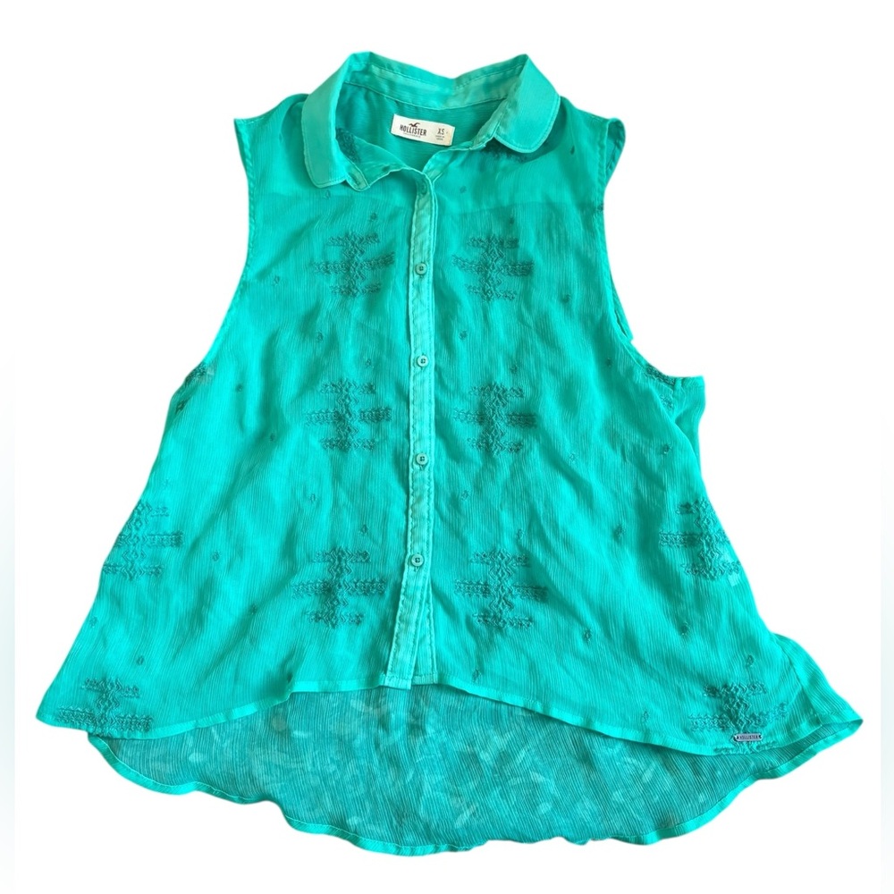 Hollister Womens XS Turquoise Sleeveless Button Front Embroidered High Low Top